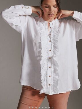 Pilcro Ruffled Placket Shirt Sz Medium White